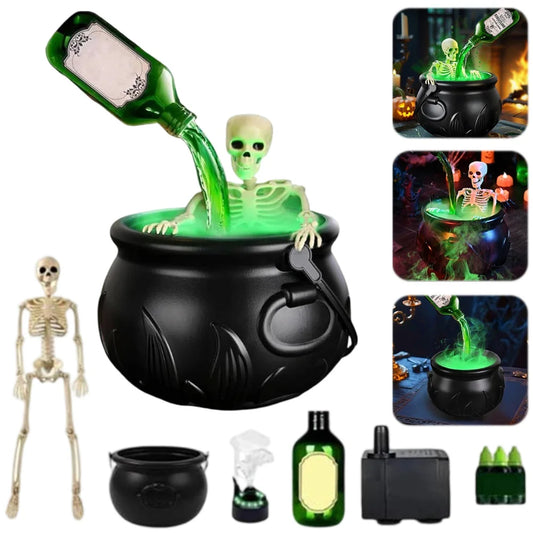 Witch Bowl Spooky Witch Mist Maker Cauldron with Floating Bottle Black Plastic Cauldron & Skeleton Halloween Decor LED Cauldron